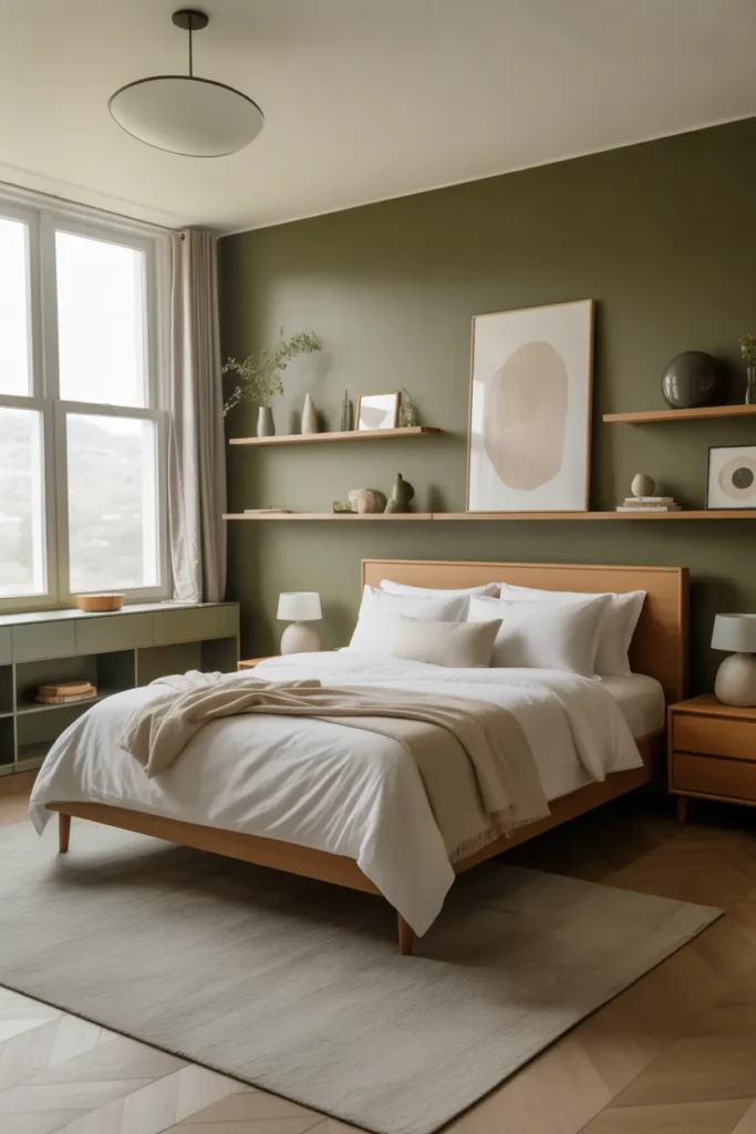   Olive Green and White Minimalist Bedroom