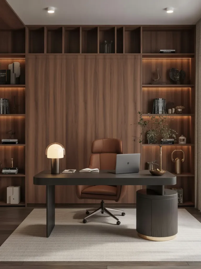 Home Office with Warm Wood Paneling