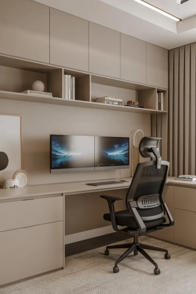 Home Office with a Sleek Wall-Mounted Monitor Setup