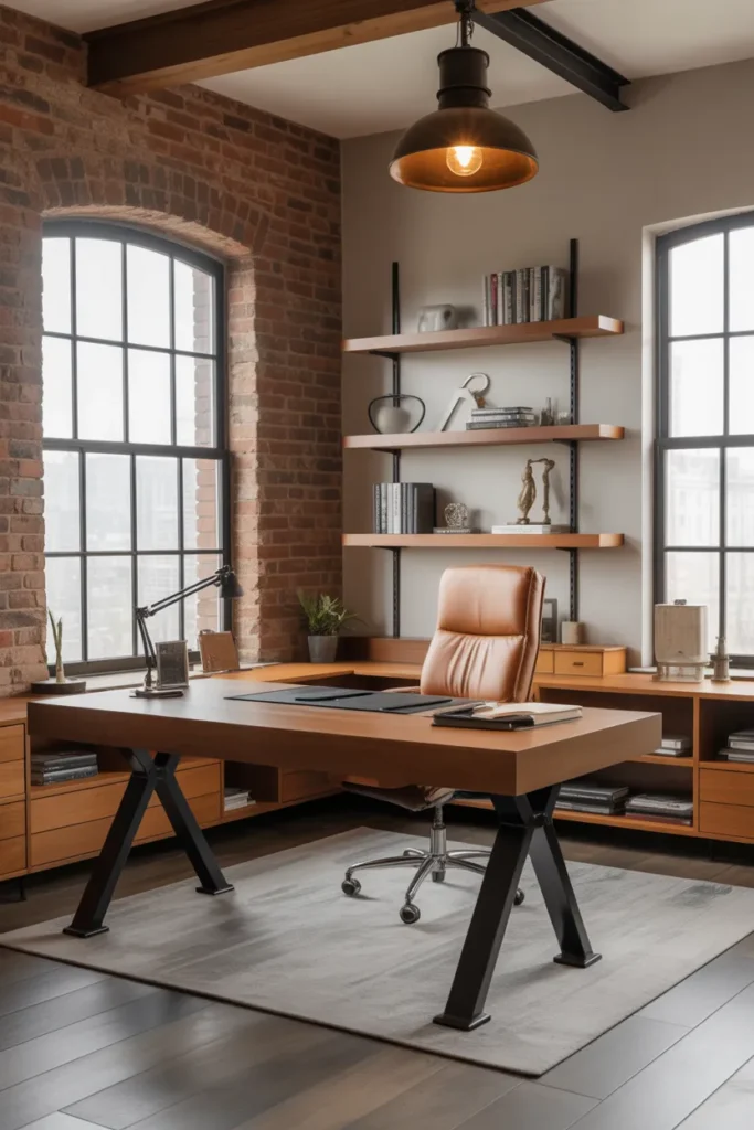 Industrial Home Office with Exposed Brick Walls