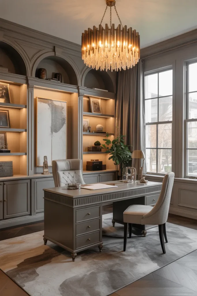 Luxury Home Office with Statement Lighting