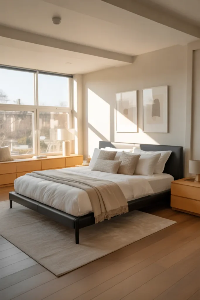 Matte Black Platform Bed with Neutral Decor