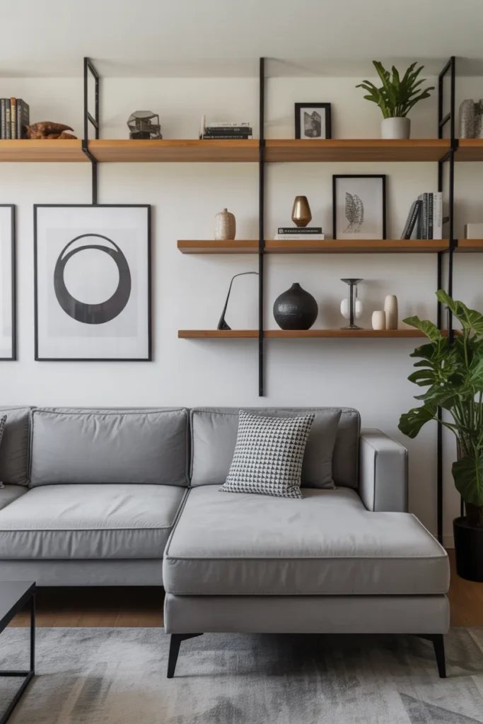 Modern Apartment Living Room with Floating Shelves