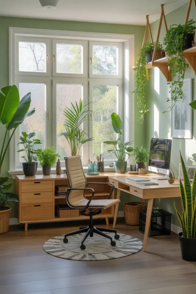 Nature-Inspired Home Office with Green Accents