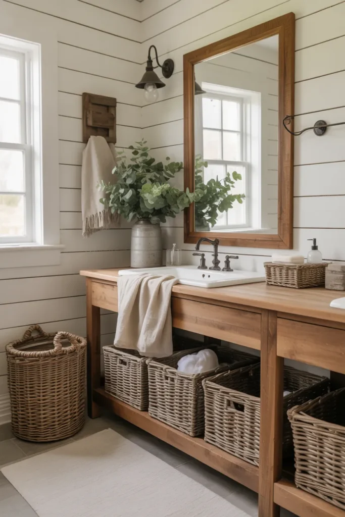 Rustic Farmhouse Bathroom With Mixed Textures