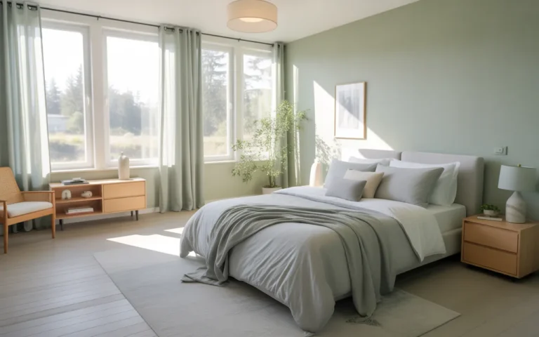 green and gray bedroom