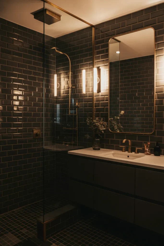  Luxurious Matte Black Subway Tile Bathroom with Gold Accents