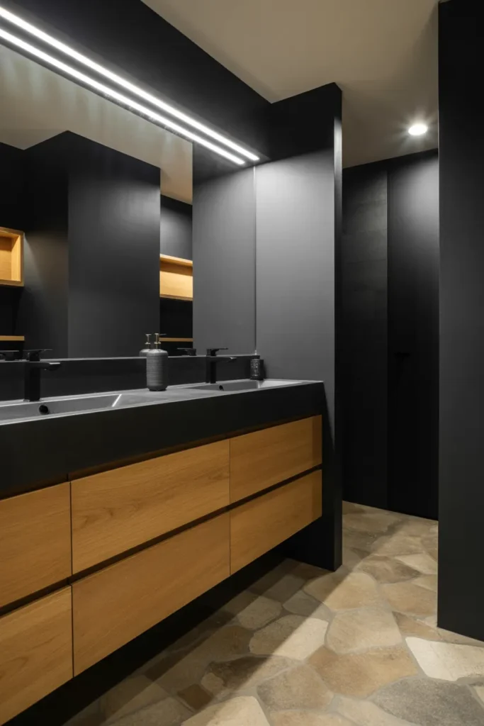  Matte Black Walls with Warm Wood Accents