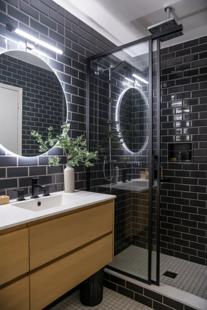 Black Tile Bathroom with White Grout for Bold Contrast
