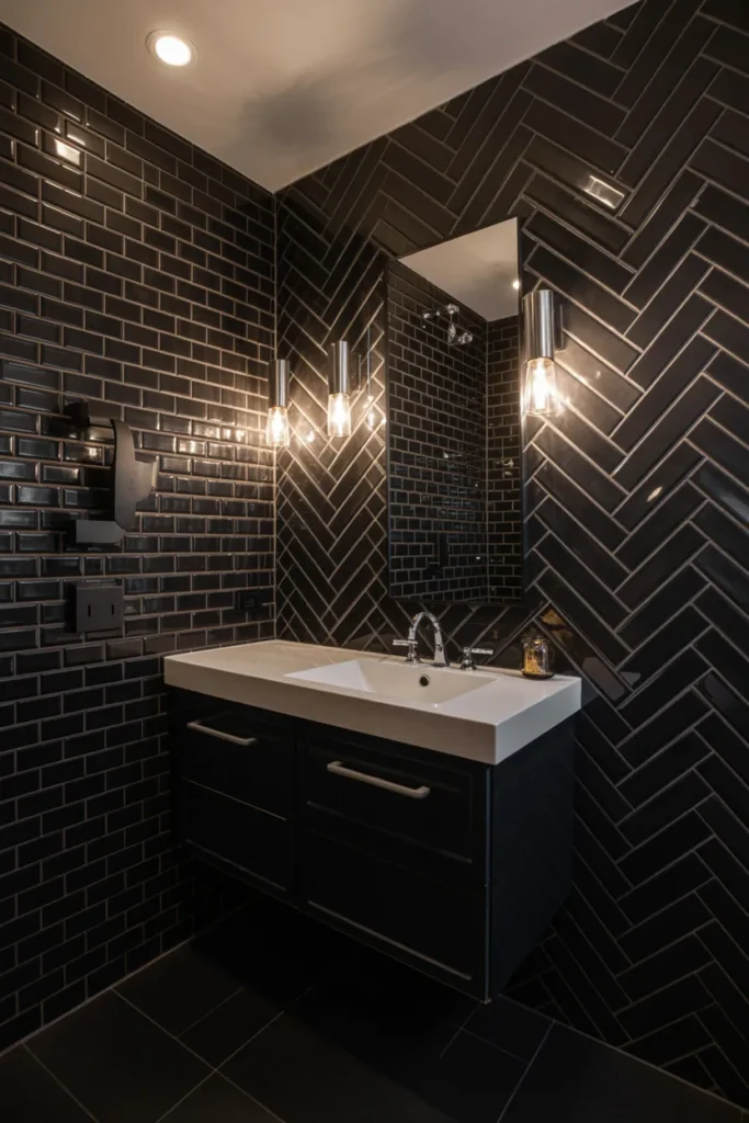  Modern Black Subway Tile Bathroom with Herringbone Pattern