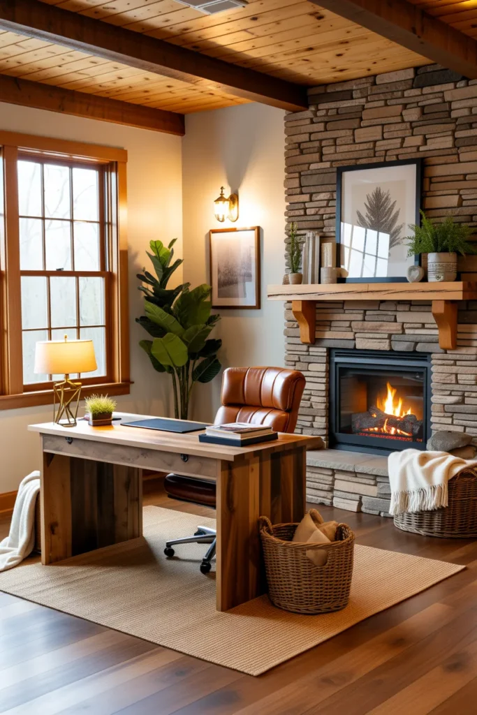  Rustic Office with Cozy Fireplace Corner