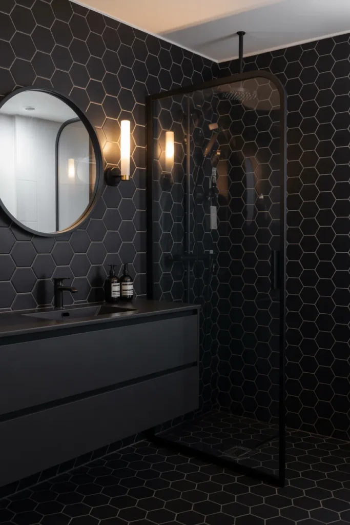  Black Hexagon Tile Bathroom with Stylish Detail