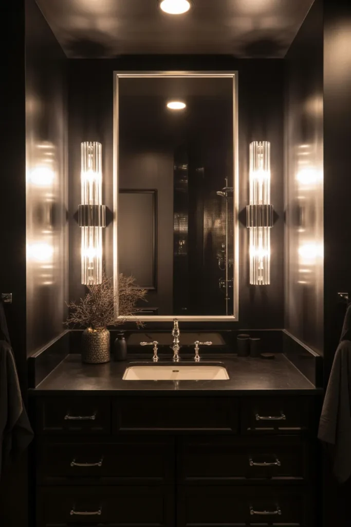   Glam Black Bathroom with Silver Wall Sconces