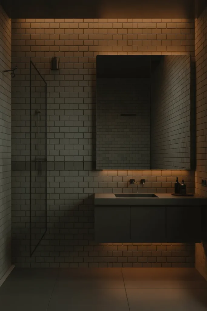   Minimalist Black Subway Tile Bathroom with Soft Lighting