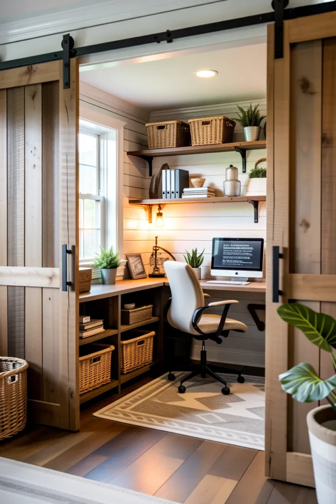  Rustic Office with Barn Door Storage