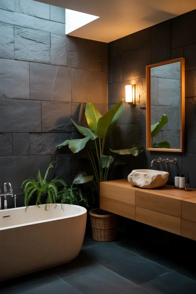 Black Stone Tile Bathroom with Organic Spa Vibes