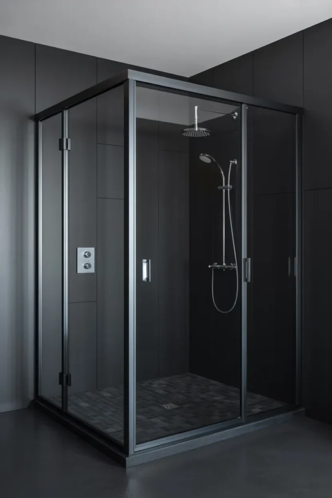  Modern Black Glass Shower with Silver Trim