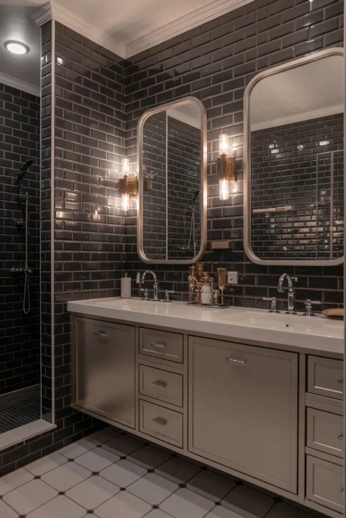  Stylish Black Subway Tile Bathroom with Double Vanity Design