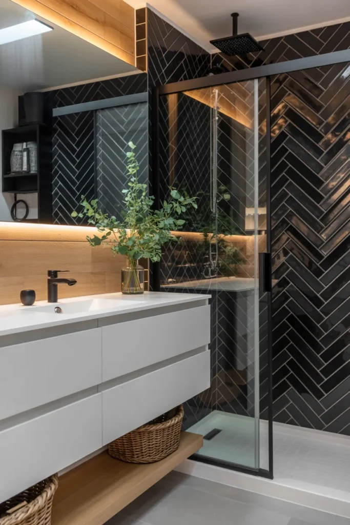 Black Chevron Tile Bathroom for a Modern Designer Look