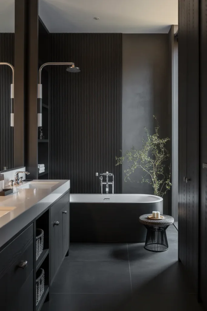   Black Hexagon Tile Bathroom with Silver Details