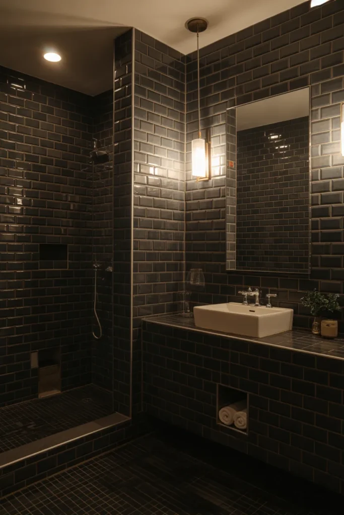 Black Subway Tile Bathroom with Floor-to-Ceiling Elegance