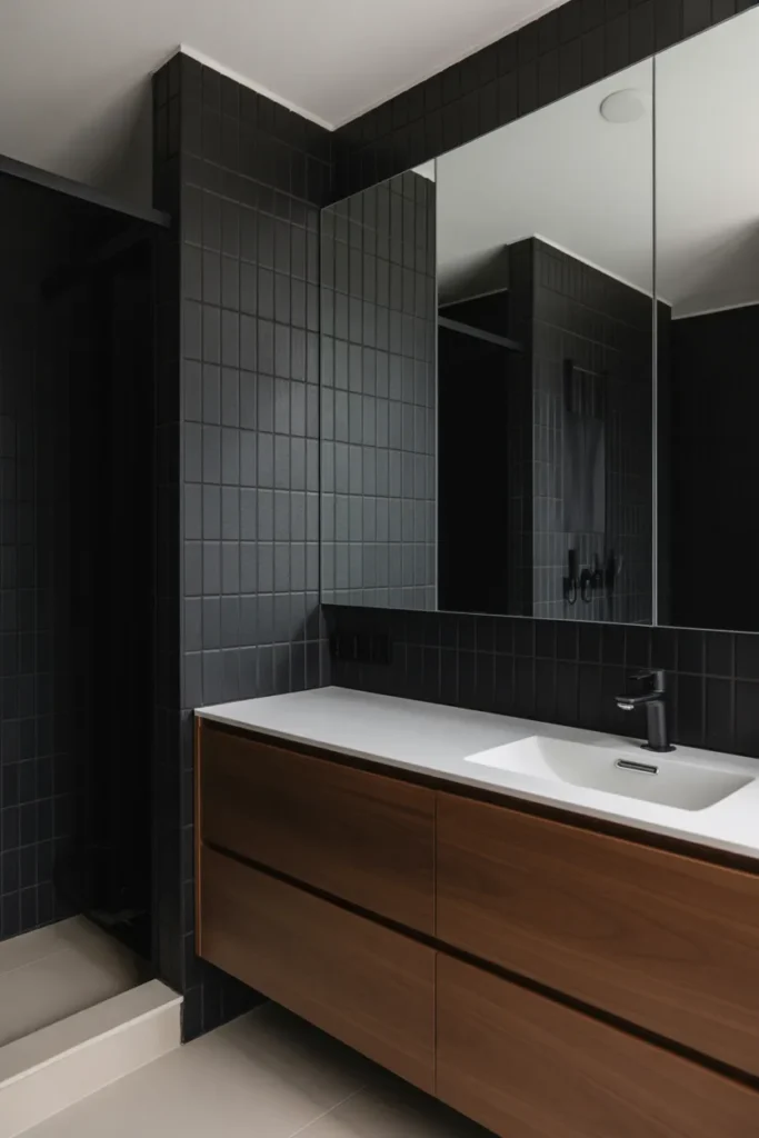 Black Tile Bathroom with Floating Vanity and Minimalist Style