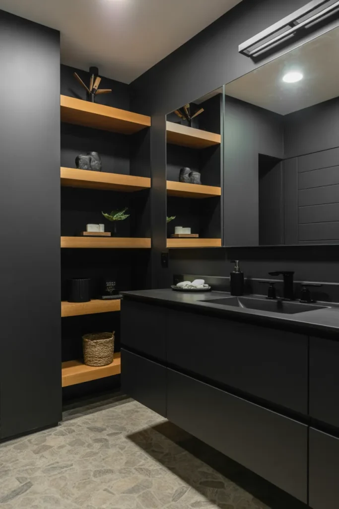  Matte Black Bathroom with Floating Shelves