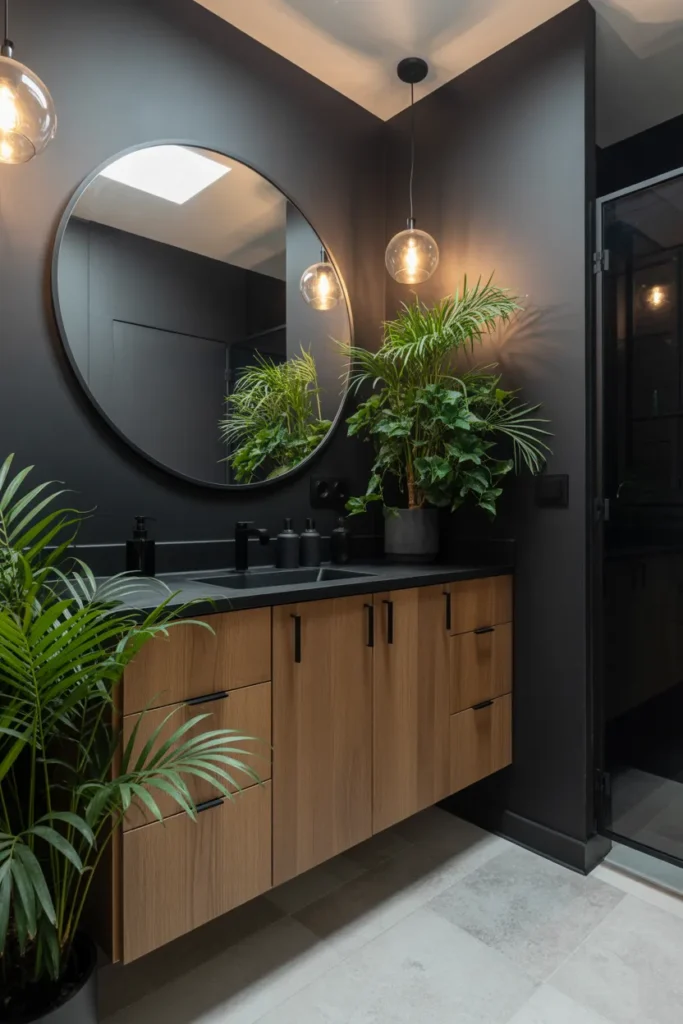  Black Bathroom with Natural Wood and Greenery
