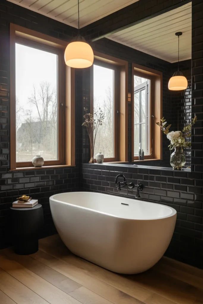 Black Tile Bathroom with White Freestanding Tub as the Focal Point