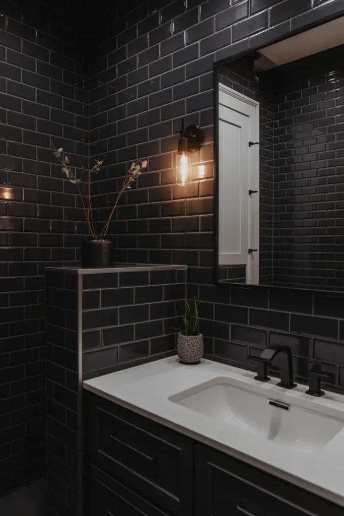  Elegant Black Subway Tile Bathroom with Matte Black Fixtures