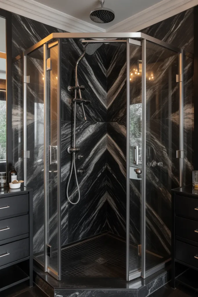  Black Marble Shower Walls with Silver Fixtures