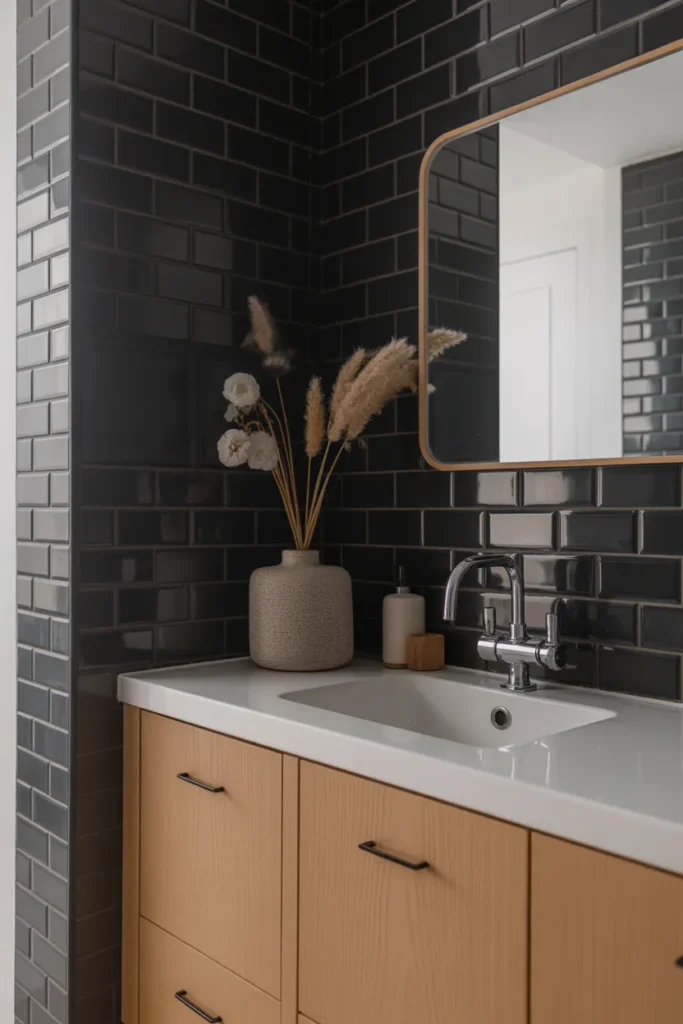  Black Subway Tile Bathroom with Scandinavian-Inspired Design