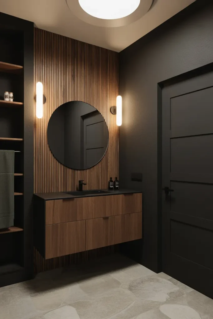  Black Bathroom with Vertical Wood Slat Accent Wall