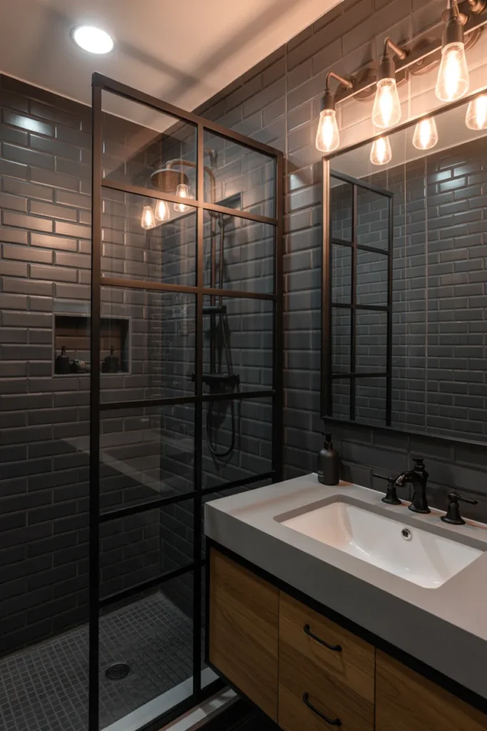 Black Tile Bathroom with Industrial Concrete and Metal Accents