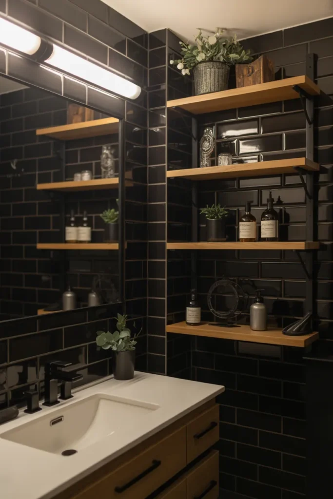   Sophisticated Black Subway Tile Bathroom with Open Shelving
