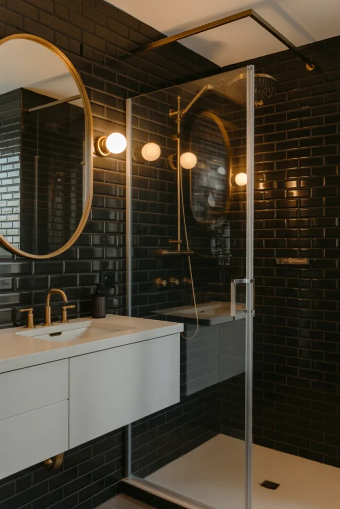 Black Tile Bathroom with Vertical Stacked Tiles for a Fresh Twist
