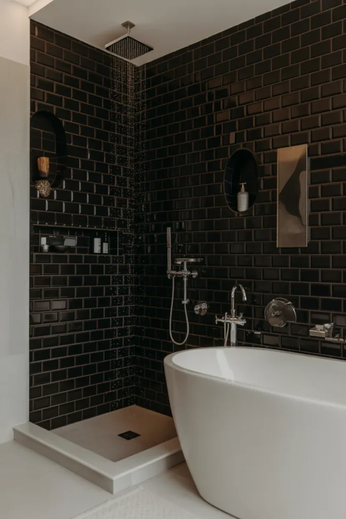   Luxury Spa-Inspired Black Subway Tile Bathroom Retreat