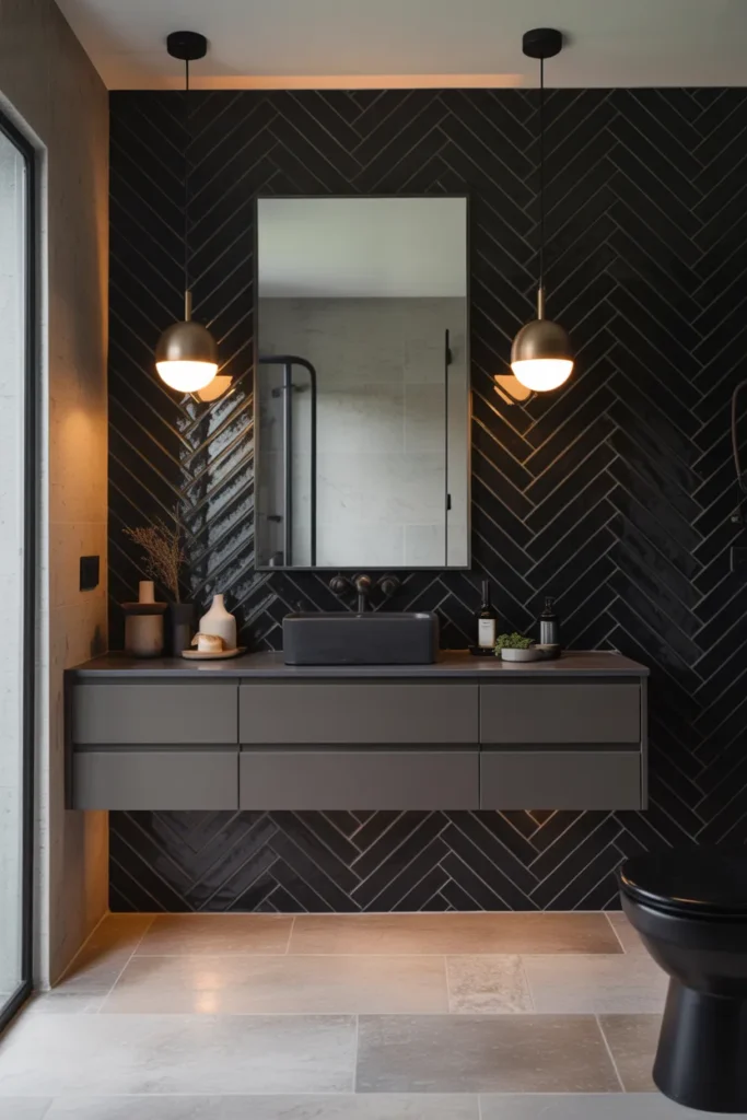  Black Bathroom with Herringbone Tile Feature Wall