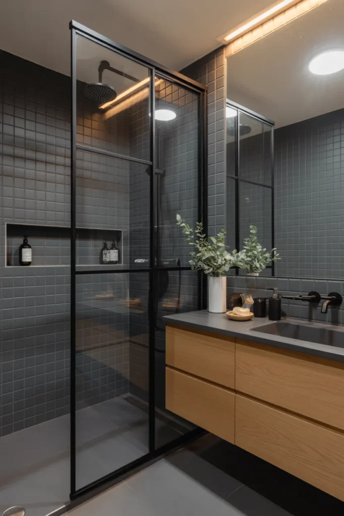 Black Tile Bathroom with Built-In Shower Niches for Stylish Storage