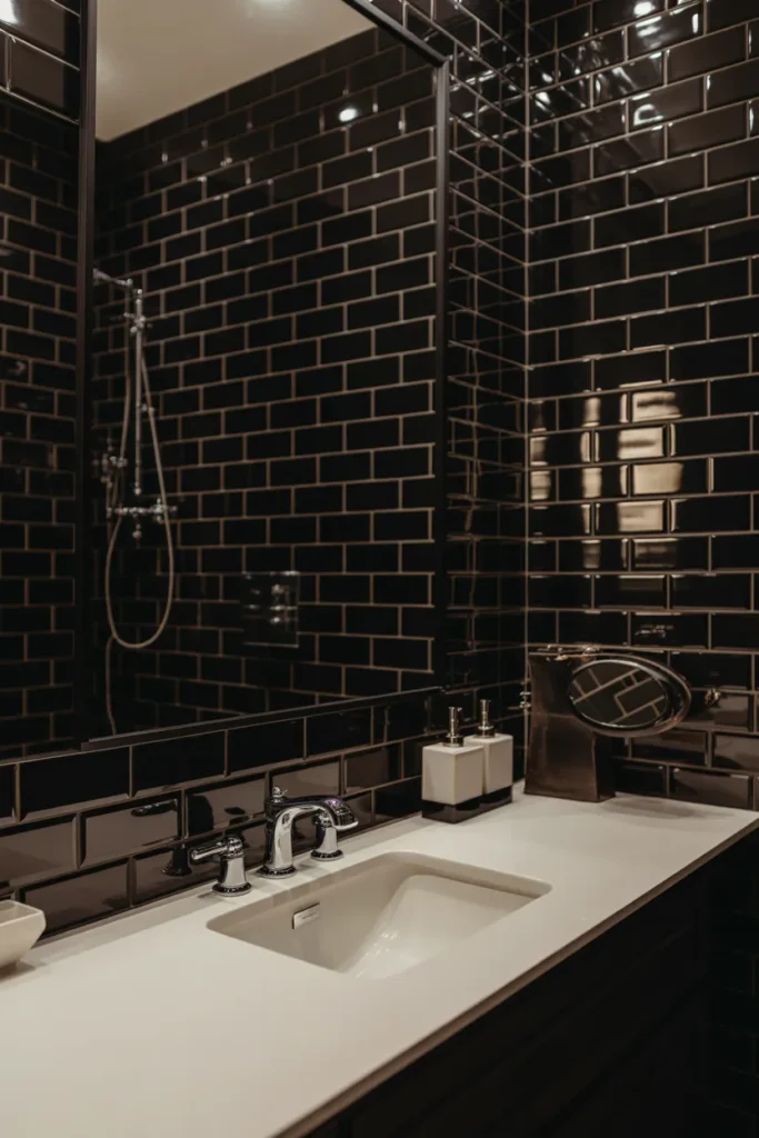 Contemporary Black Subway Tile Bathroom with Statement Mirror