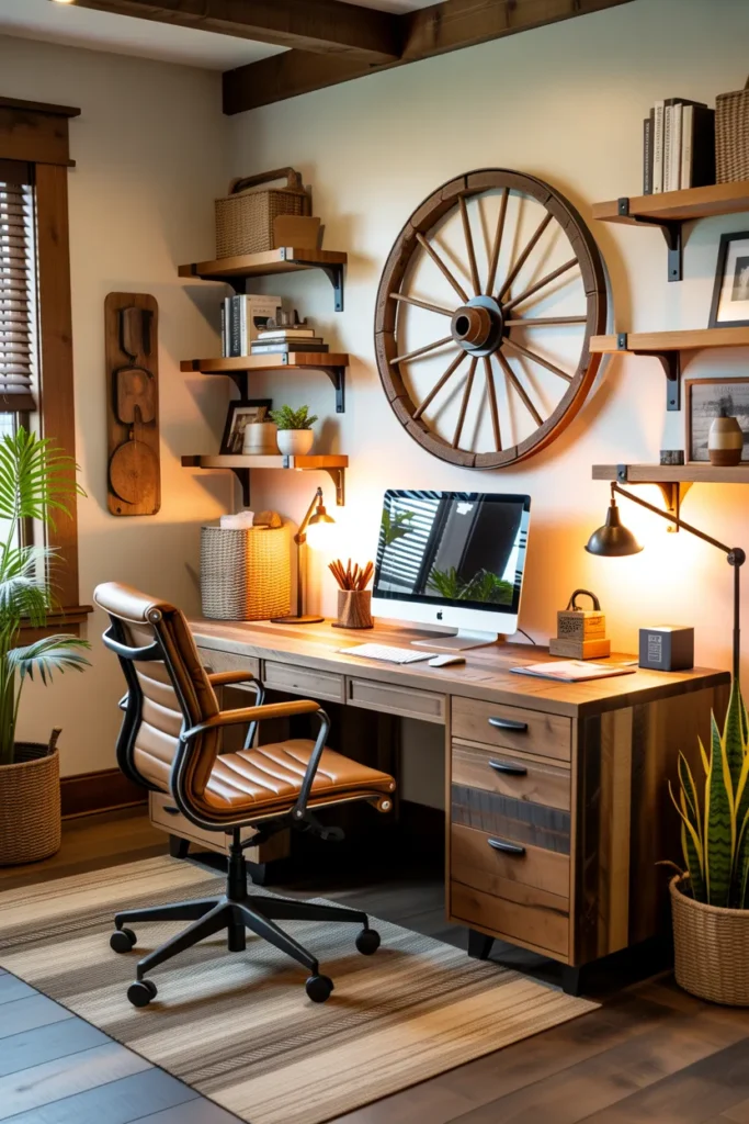  Rustic Office with Wagon Wheel Wall Décor