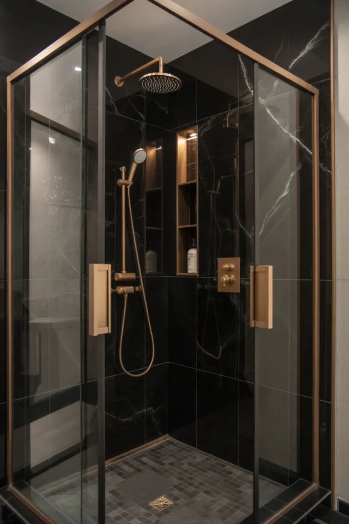Black Marble Tile Shower with Elegant Gold Accents