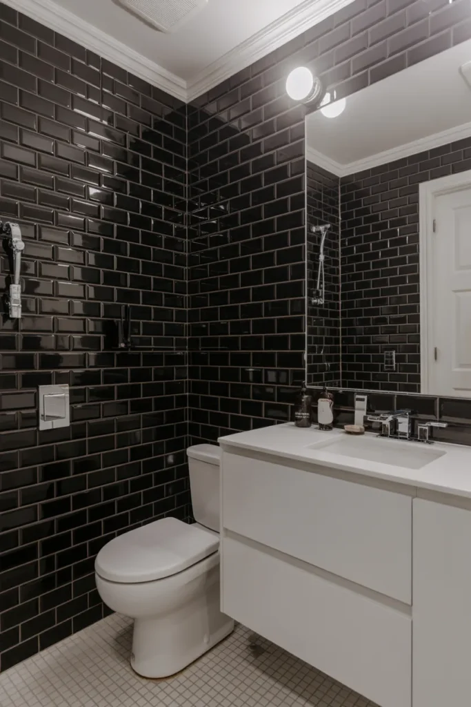  Modern Black Subway Tile Bathroom with White Contrast