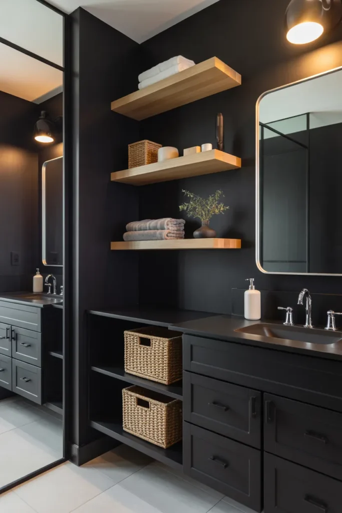  Black Bathroom with Open Shelving and Minimal Décor