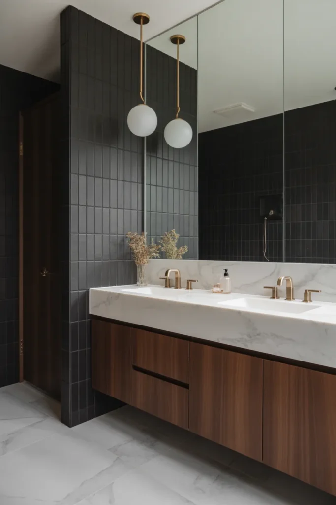 Black Tile Bathroom with Marble Countertops for Elegant Contrast