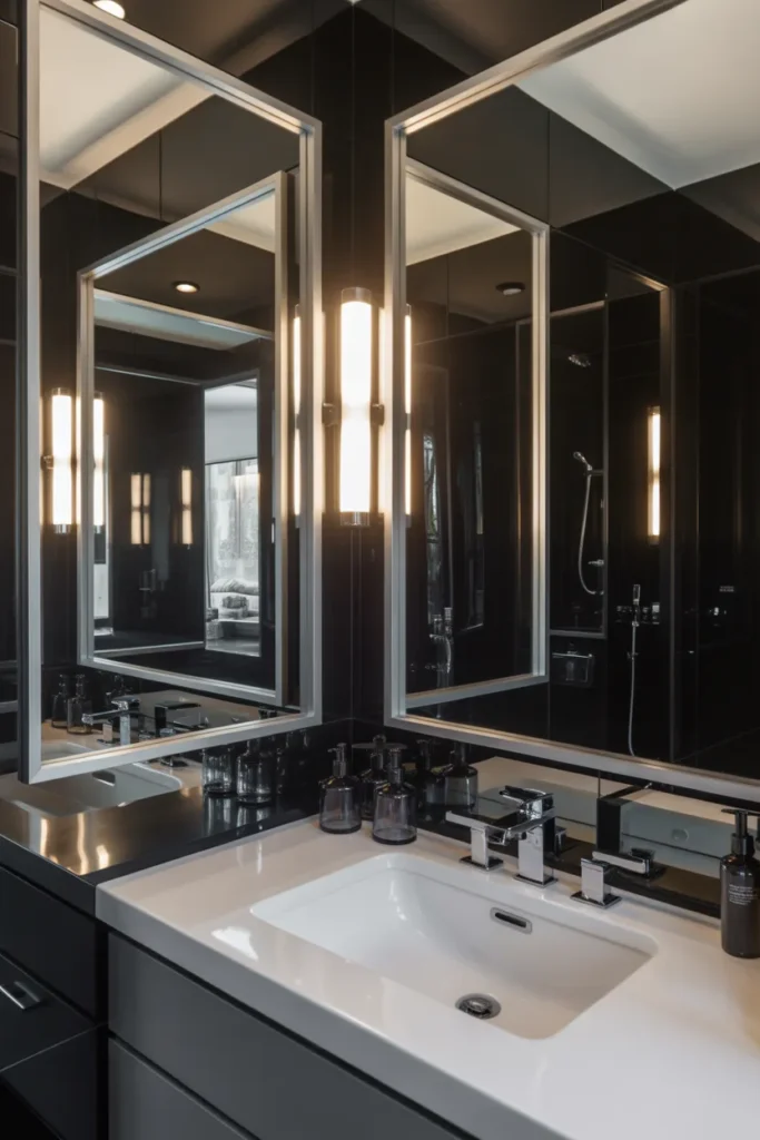   Silver-Framed Black Mirror Wall Bathroom