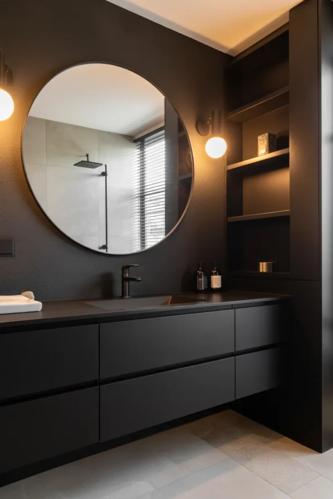  Black Bathroom with Large Round Mirror and Soft Lighting