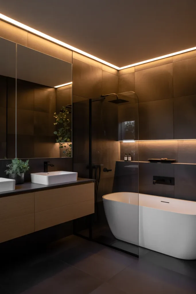 Black Tile Bathroom with Soft Ambient Lighting for Cozy Luxury