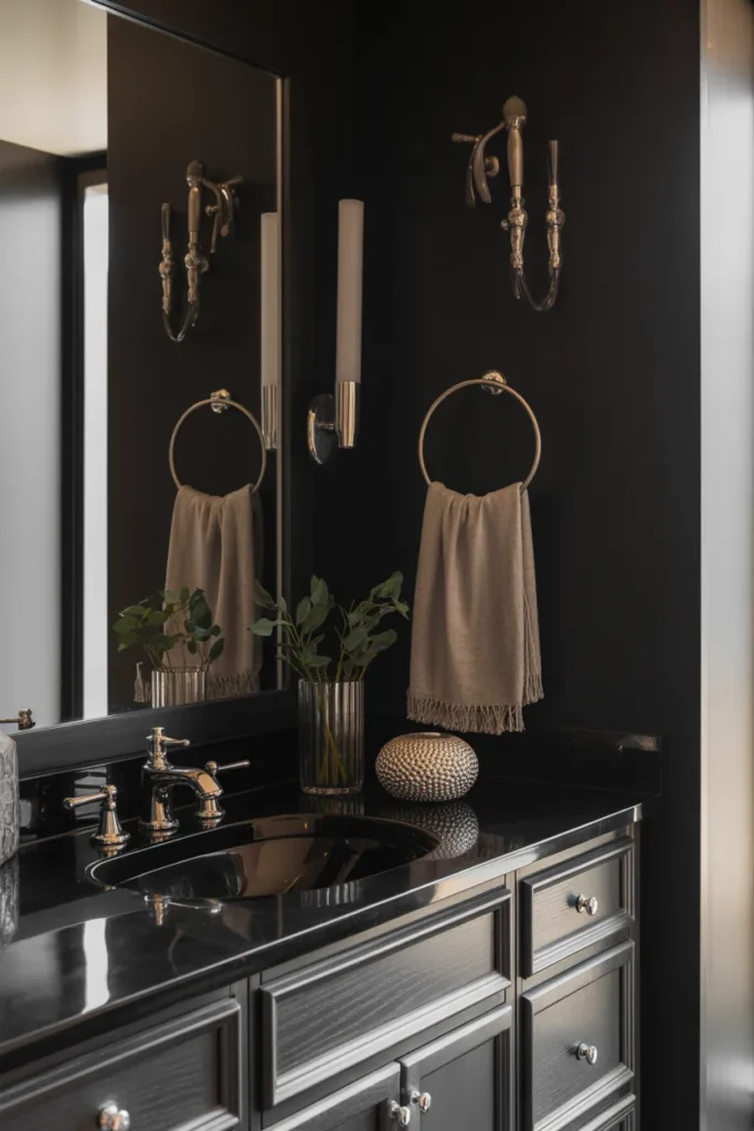  Modern Black Bathroom with Metallic Silver Décor