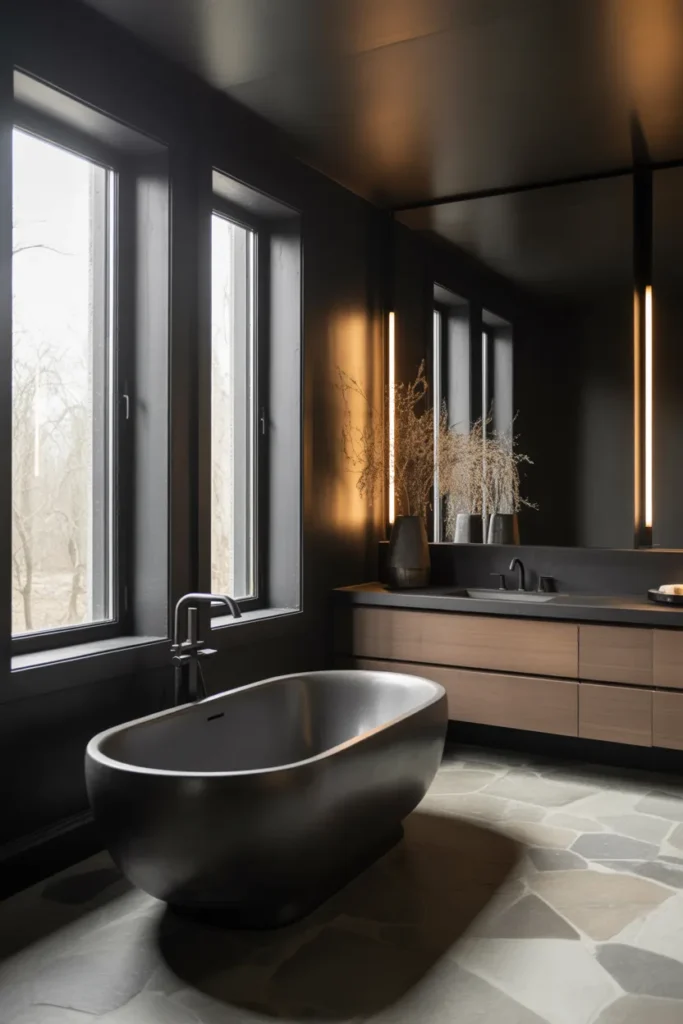  Black Bathroom with Minimalist Floating Bathtub